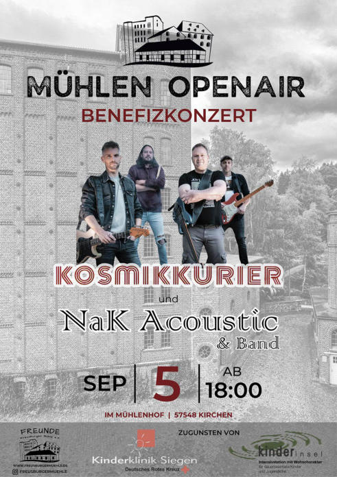 Plakat Mühlen-Open-Air 2025 mit KosmikKurier und NaK Acoustic & Band